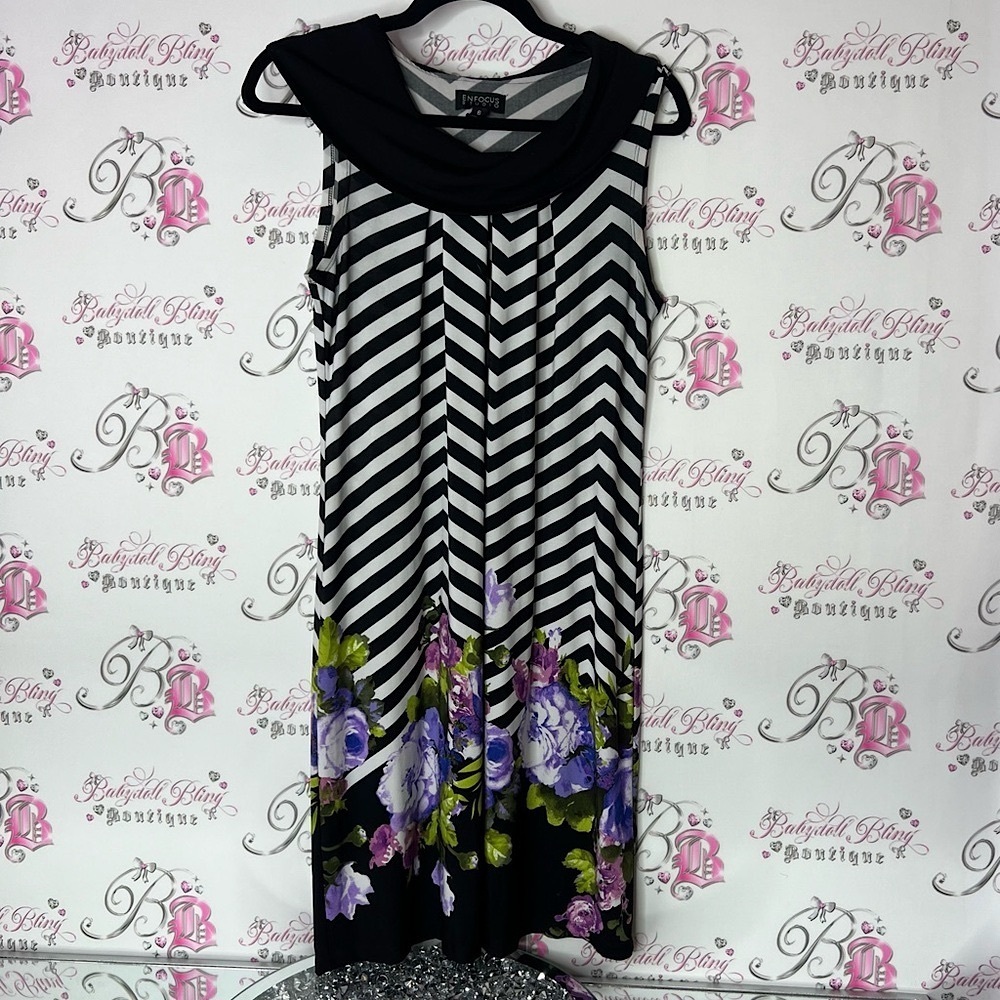 Enfocus Studio Black White stripe floral Sheath Dress Sleeveless Cowl Neck